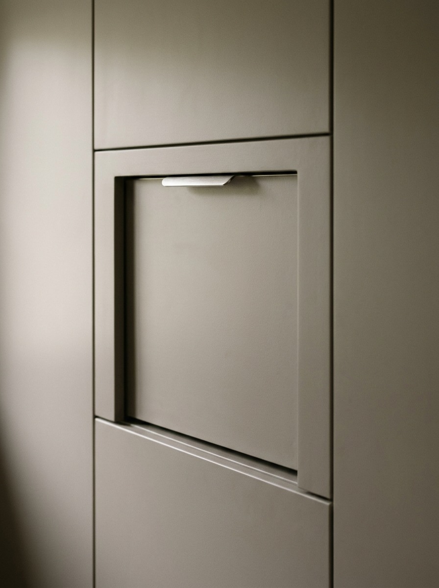 Flush appliance garage cabinet front with integrated hardware and precise reveal lines