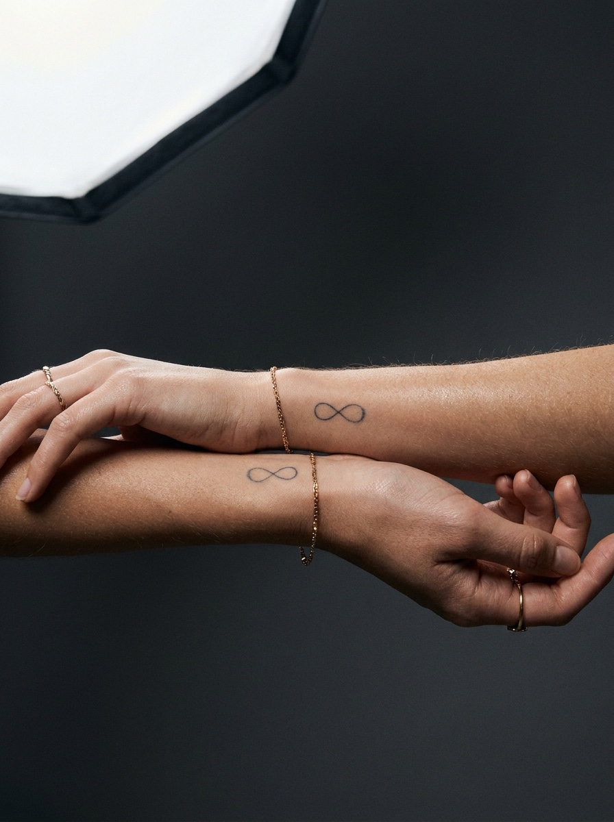 Two wrists resting together with matching small fine-line infinity tattoos