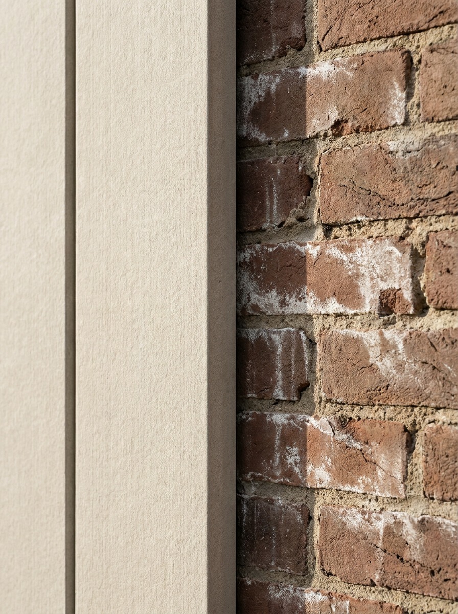 Material transition between new cladding and original weathered brick Close-up of new light fiber-cement cladding meeting original weathered brick on a home addition. | Sky Rye Design Close-up of new light fiber-cement cladding meeting original weathered brick on a home addition.