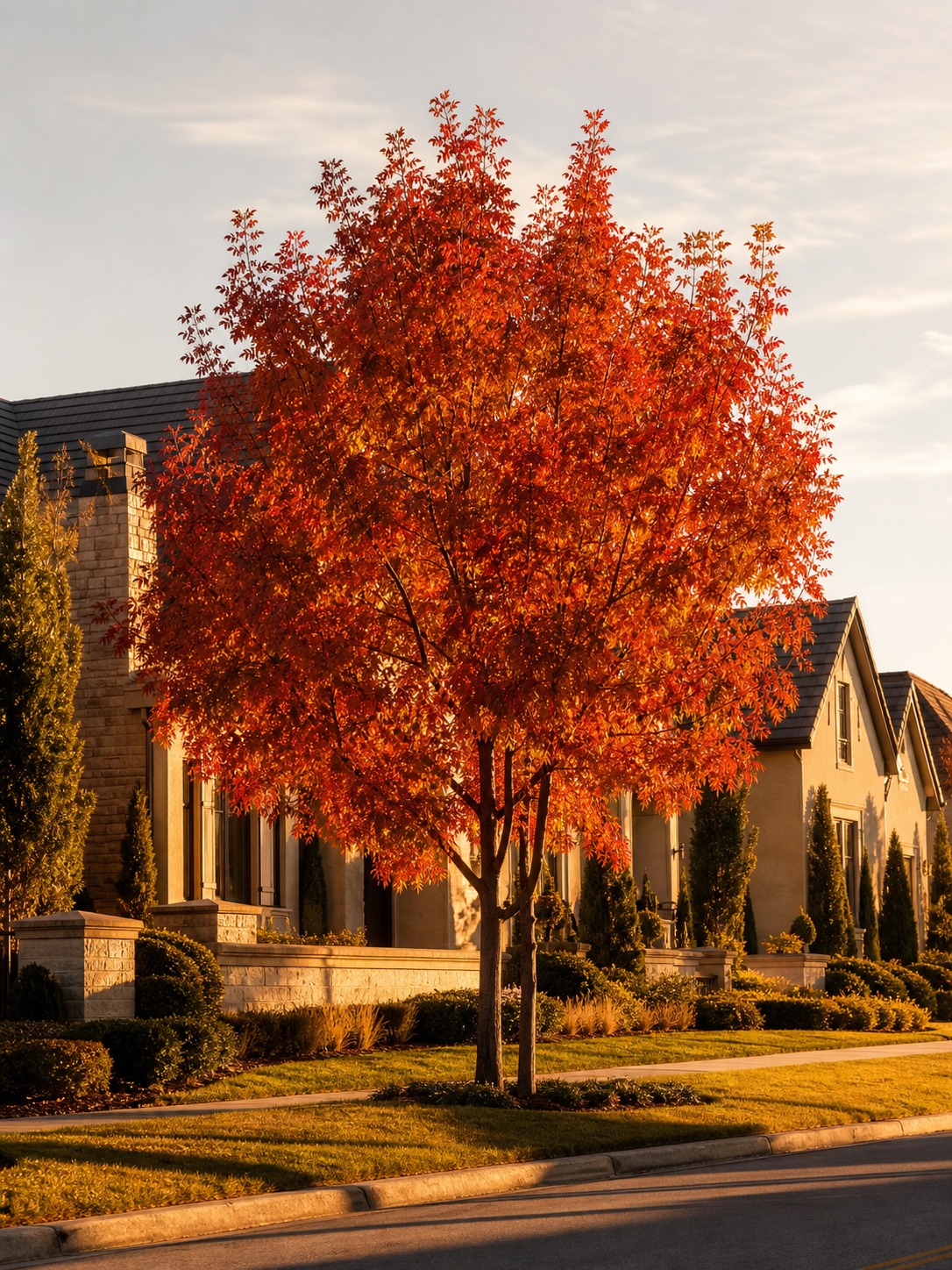 Fully mature Chinese pistache tree in peak orange-red fall color in a residential streetscape.