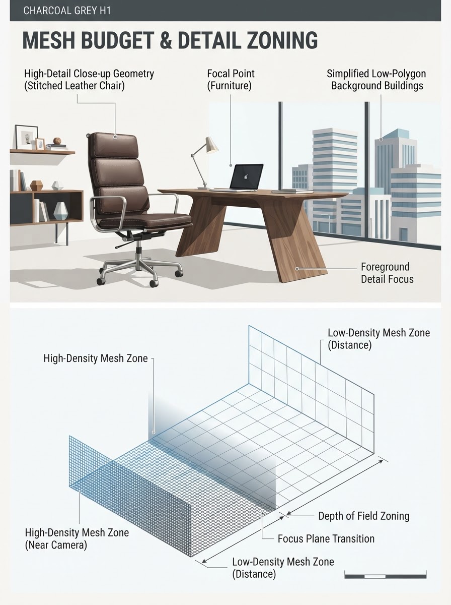 Mesh Polygon Budget Detailing Zone Infographic Two-panel infographic: Top panel shows office study with high-detail chair and simple background buildings; bottom panel shows a 2D focal distance wireframe density grid. | Sky Rye Design Two-panel infographic: Top panel shows office study with high-detail chair and simple background buildings; bottom panel shows a 2D focal distance wireframe density grid.
