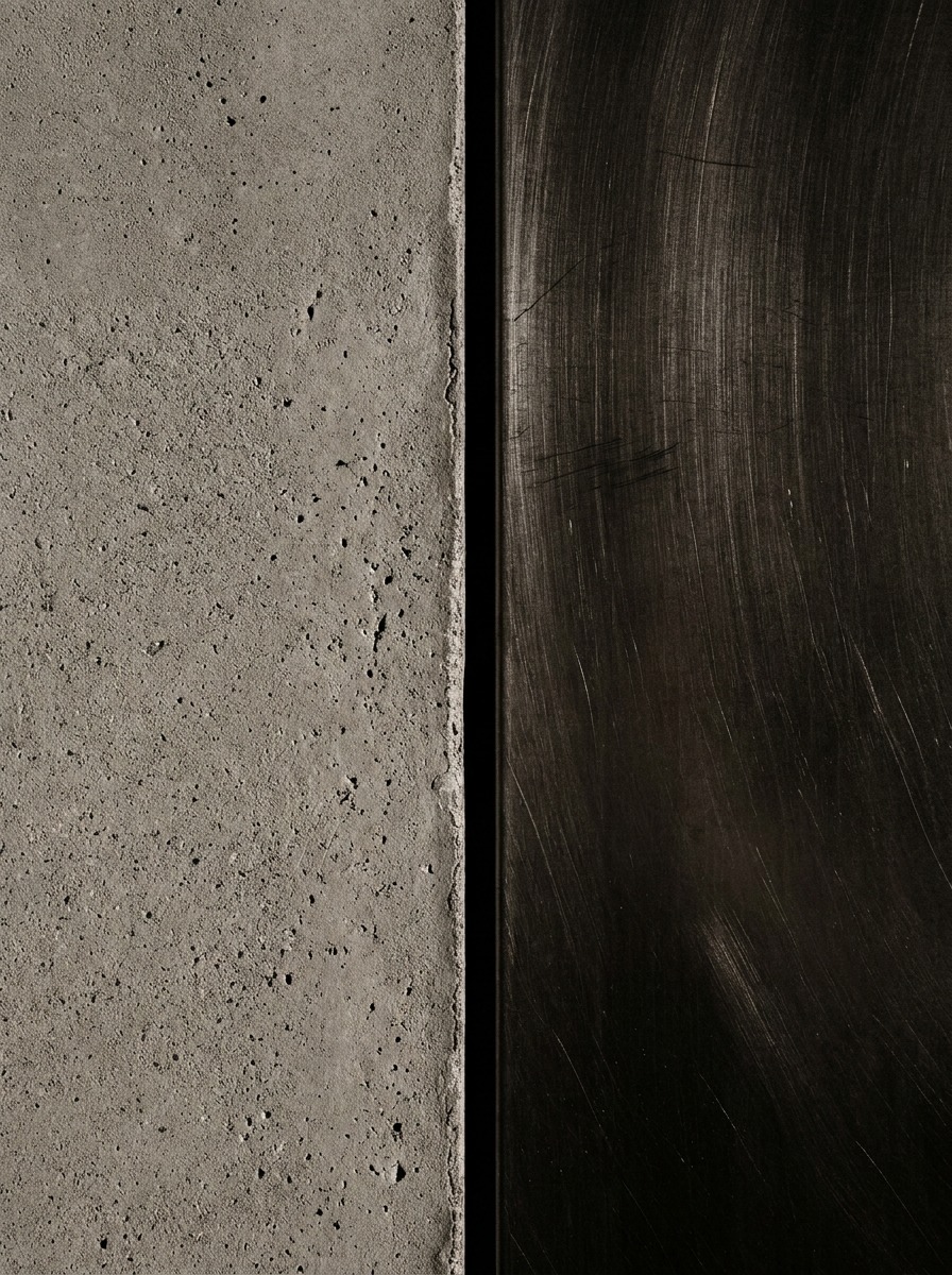 A macro texture photograph of raw microcement meeting brushed blackened steel under low raking light.