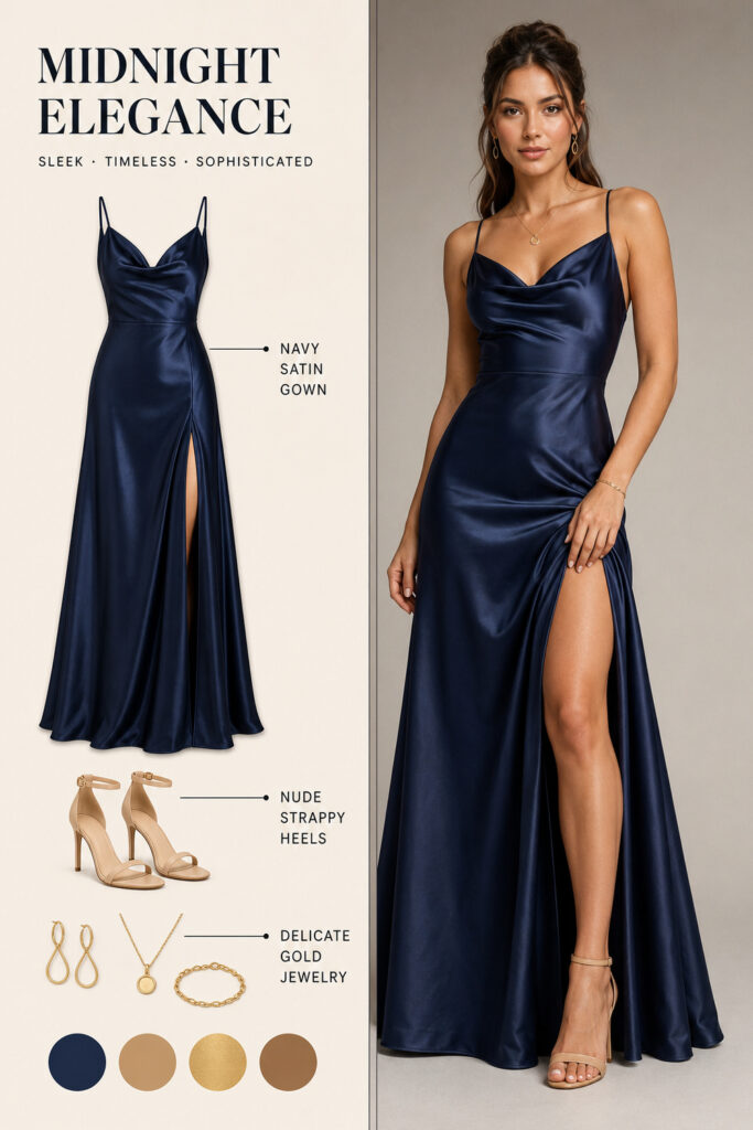 Midnight Elegance Outfit Infographic 01 Split-fashion ad: left panel shows a navy satin gown with slit and the words 'Midnight Elegance', right panel shows a model in a matching navy satin gown with a high slit; nude strappy heels and delicate gold jewelry displayed below. | Sky Rye Design Split-fashion ad: left panel shows a navy satin gown with slit and the words'Midnight Elegance', right panel shows a model in a matching navy satin gown with a high slit; nude strappy heels and delicate gold jewelry displayed below.