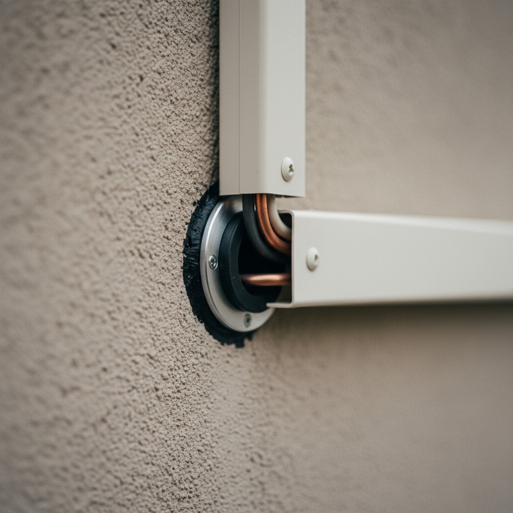 Close detail of a sealed line set penetration point through an exterior wall with grommet and line hide cover
