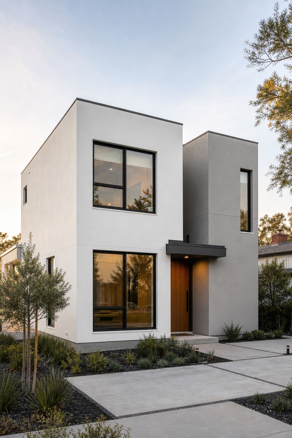 Minimalist cube flat roof modern house Minimalist cube modern house with flat roof, black-framed windows, and clean concrete path | Sky Rye Design Minimalist cube modern house with flat roof, black-framed windows, and clean concrete path