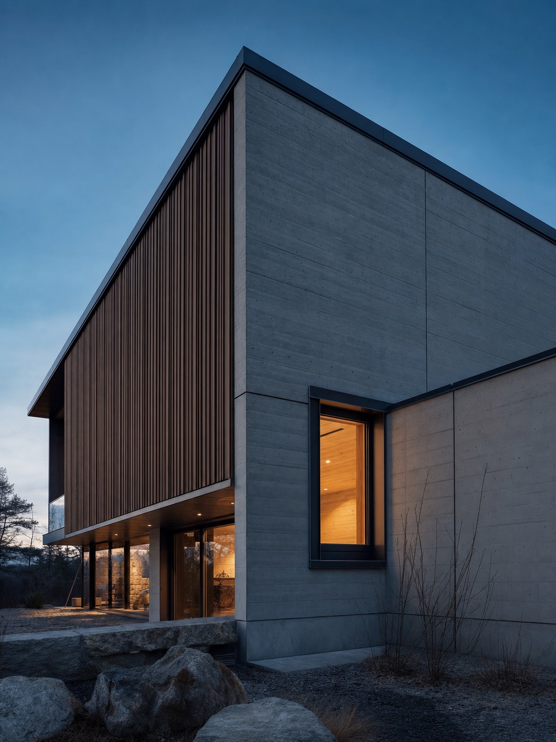 Minimalist rainscreen cladding building Minimalist concrete and timber building with a rainscreen cladding facade at blue hour. | Sky Rye Design Minimalist concrete and timber building with a rainscreen cladding facade at blue hour.