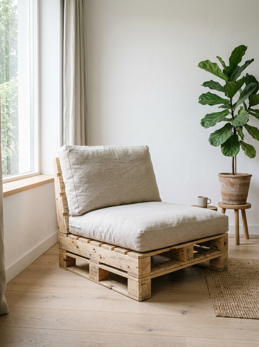 Minimalist Scandi pallet armchair Scandinavian style single pallet armchair with thick beige cushions in a bright room | Sky Rye Design Scandinavian style single pallet armchair with thick beige cushions in a bright room