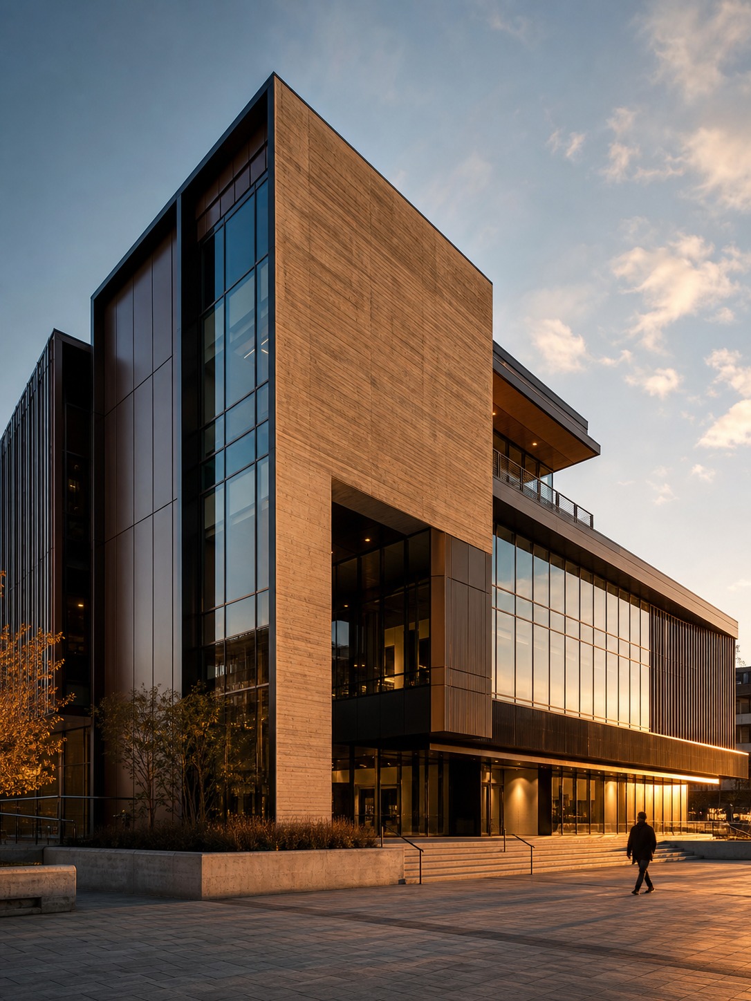 Mixed cladding modern building Completed modern building with rainscreen panels, curtain wall glazing, and dark metal accents. | Sky Rye Design Completed modern building with rainscreen panels, curtain wall glazing, and dark metal accents.