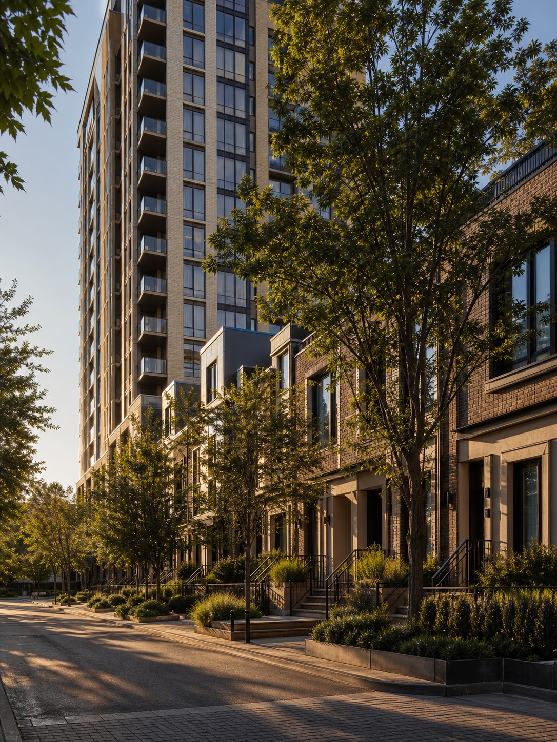 Residential streetscape with low-rise townhouses beside a taller apartment tower and mature trees.
