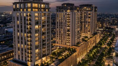 Aerial dusk view of mixed use residential towers with a green corridor and retail podium.