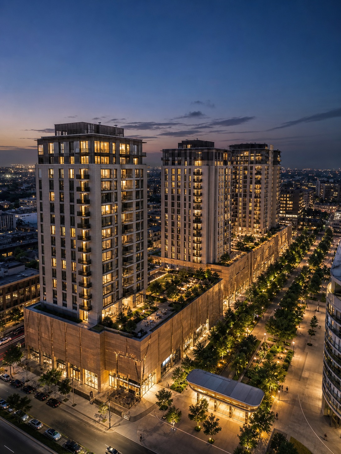 Aerial dusk view of mixed use residential towers with a green corridor and retail podium.