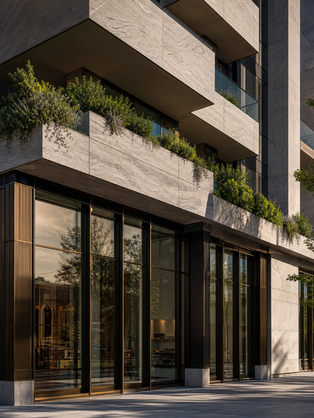 Mixed use podium facade with retail glazing, stone balconies, bronze mullions, and planted edges.