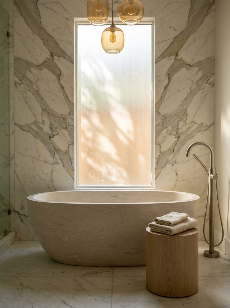 Marble_bathroom_with_freestandin_202607082109 Freestanding stone bathtub in luxury marble bathroom with floor-mounted faucet, frosted window and amber pendant lights | Sky Rye Design Freestanding stone bathtub in luxury marble bathroom with floor-mounted faucet, frosted window and amber pendant lights