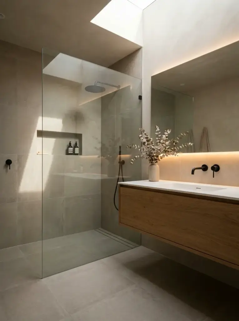 Bathroom_sanctuary_with_walk-in__202607082055 Modern minimalist bathroom with glass walk-in shower, skylight, neutral tiles and floating wood vanity with black fixtures. | Sky Rye Design Modern minimalist bathroom with glass walk-in shower, skylight, neutral tiles and floating wood vanity with black fixtures.