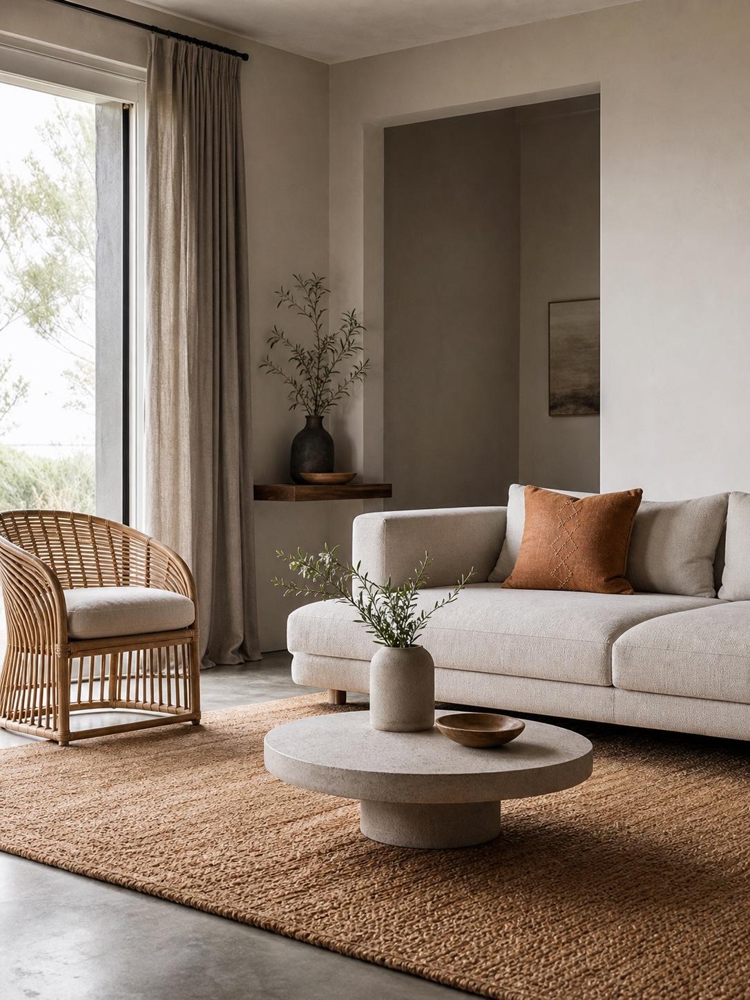 Modern boho living room A modern boho living room with neutral walls, simple furniture, one textured rug, one rattan accent, and restrained pattern. | Sky Rye Design A modern boho living room with neutral walls, simple furniture, one textured rug, one rattan accent, and restrained pattern.