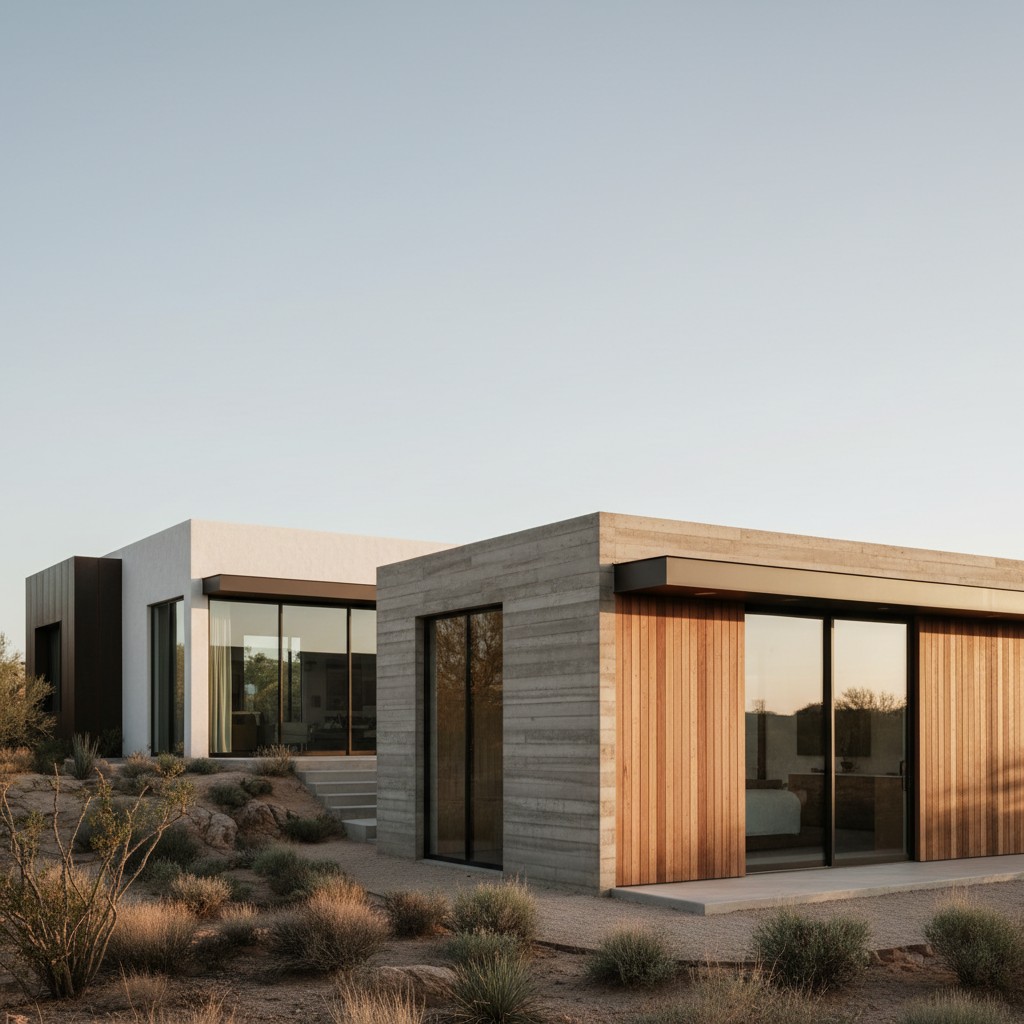 Modern Casita Contrasting Material Palette Detached modern casita with contrasting material palette next to main home | Sky Rye Design Detached modern casita with contrasting material palette next to main home