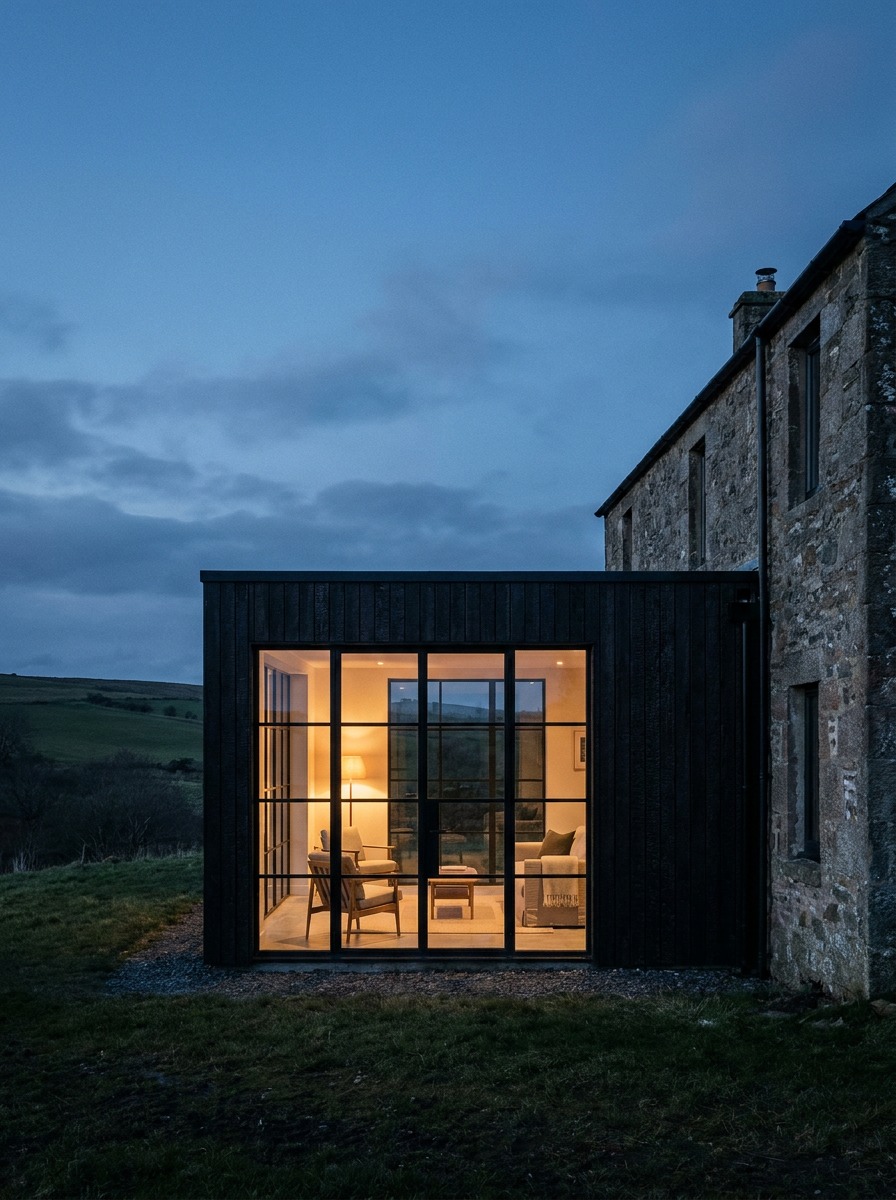 A modern cottage exterior at dusk with a blackened timber extension, original stone structure, and warm light in a tall steel window.