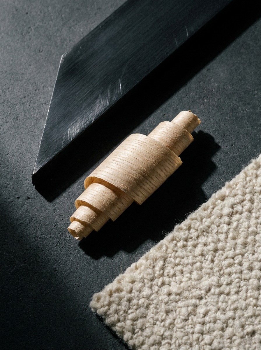 A macro material study with blackened structural steel, a pale oak shaving, and raw wool boucle on dark honed concrete.