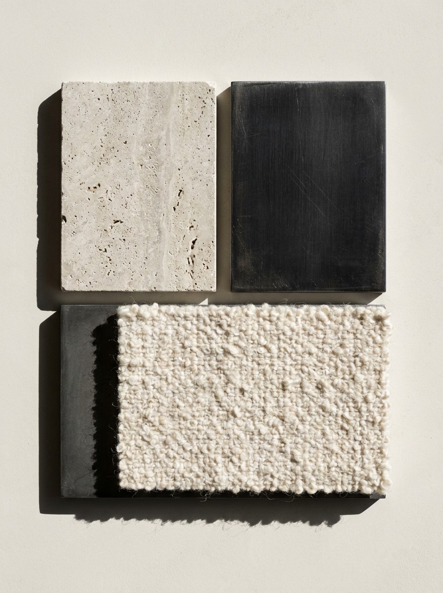 An overhead material study with honed limestone, blackened steel, and raw wool boucle on warm white microcement.