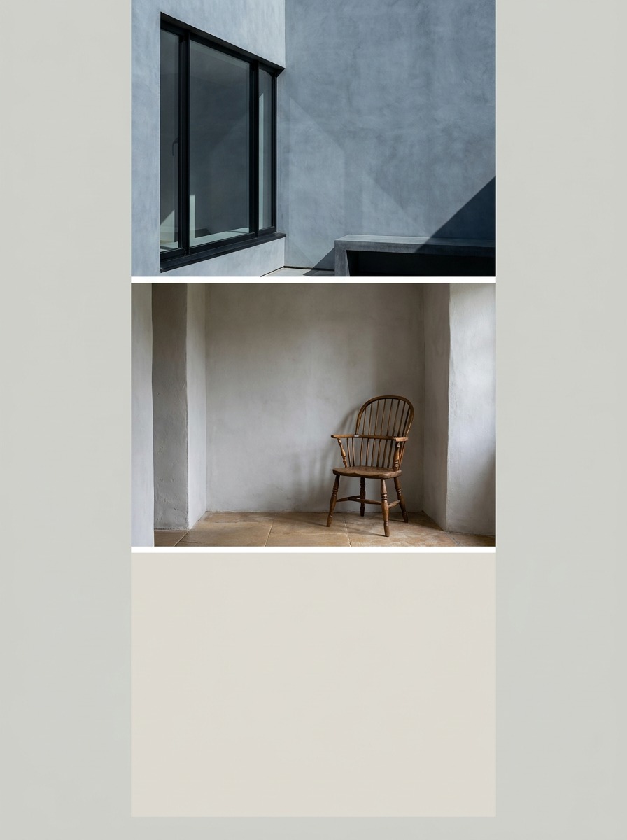 A vertical architectural triptych comparing a modern cottage corner with a restrained English cottage nook and negative space.