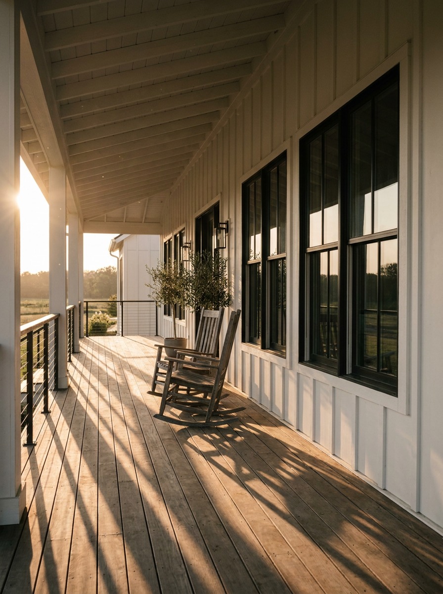 Modern Farmhouse Siding and Porch Architecture Architectural photograph of a modern farmhouse residence exterior with white board-and-batten siding and black-framed windows. | Sky Rye Design Architectural photograph of a modern farmhouse residence exterior with white board-and-batten siding and black-framed windows.