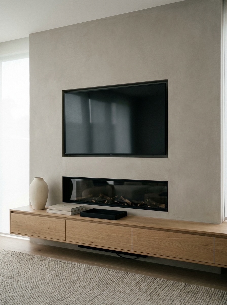 Modern fireplace wall with TV, slim linear firebox, oak console, and neutral fireplace decor ideas