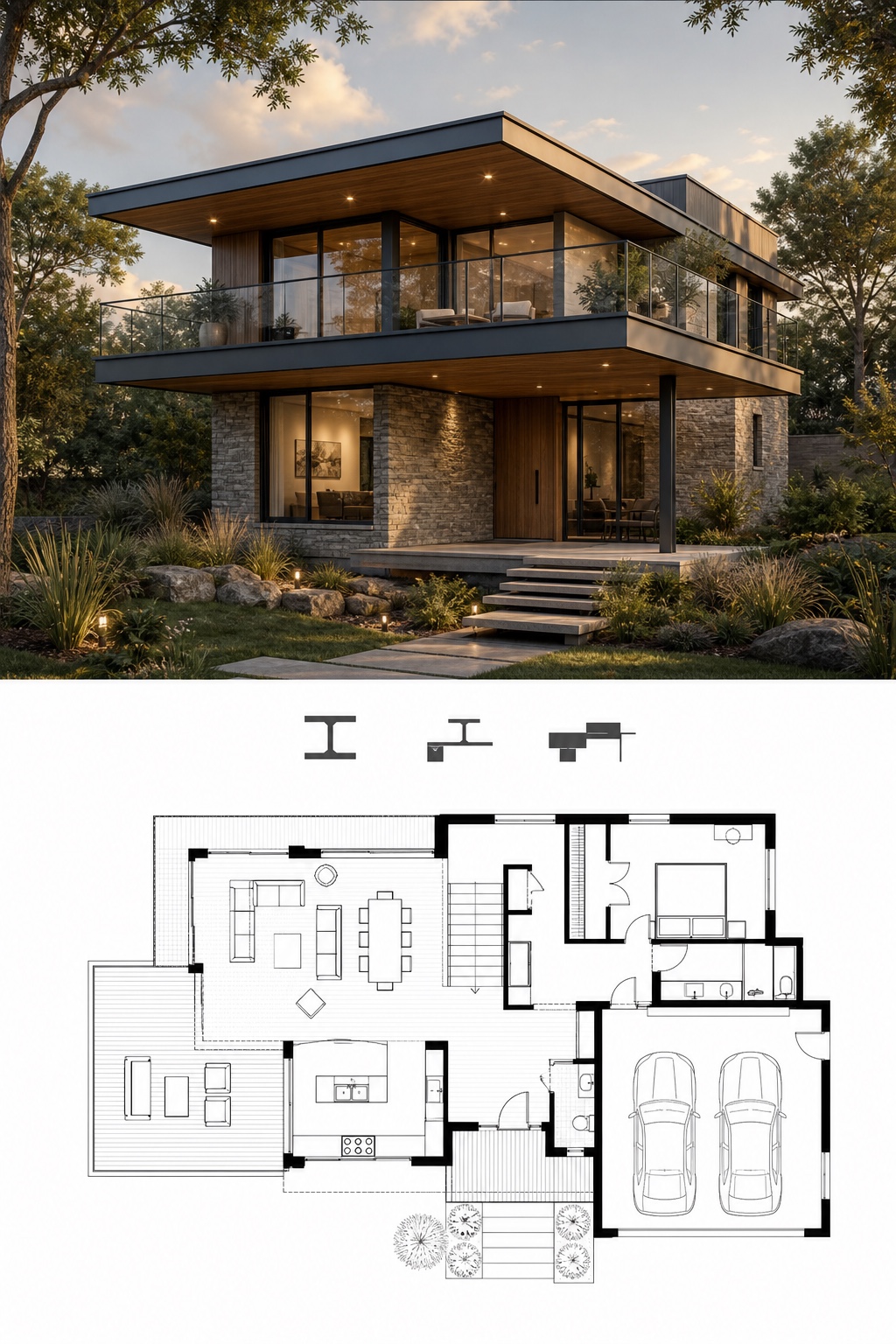 Cantilevered modern house render and floor plan Cantilevered modern house render with matching floor plan diagram | Sky Rye Design Cantilevered modern house render with matching floor plan diagram