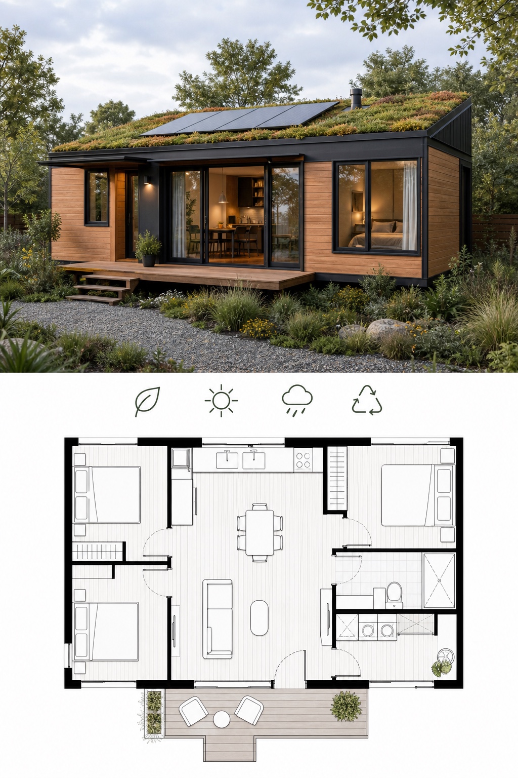 Eco prefab modern house render and floor plan Eco-friendly prefab modern house render with green roof and floor plan | Sky Rye Design Eco-friendly prefab modern house render with green roof and floor plan