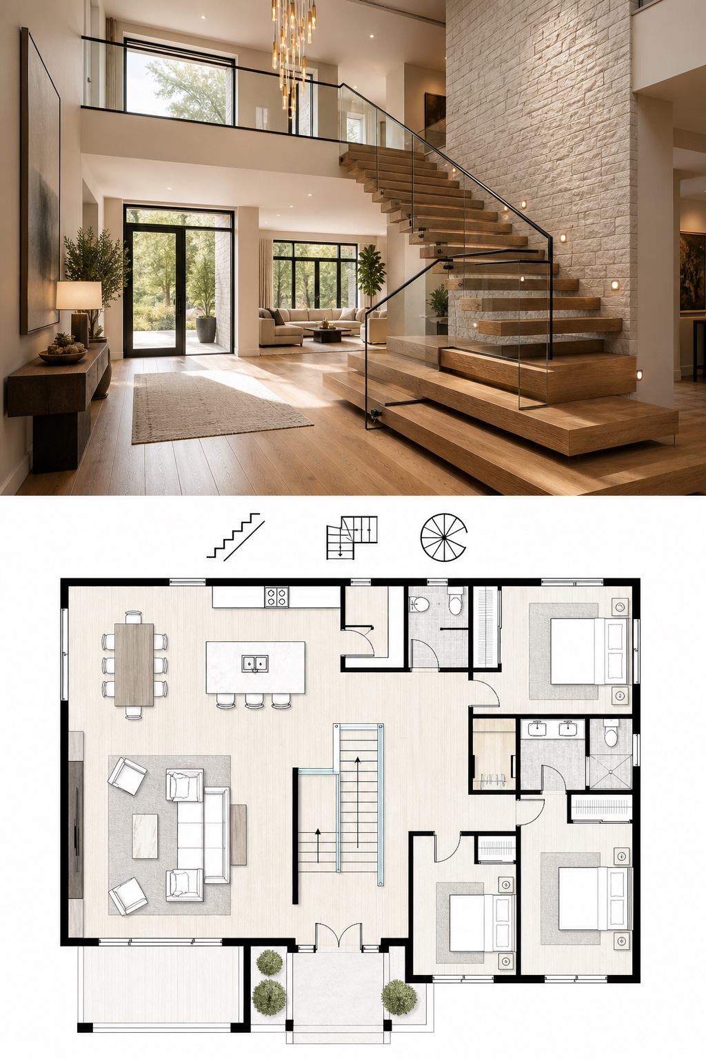 Floating staircase modern home render and floor plan Modern entry render with floating staircase and matching floor plan | Sky Rye Design Modern entry render with floating staircase and matching floor plan