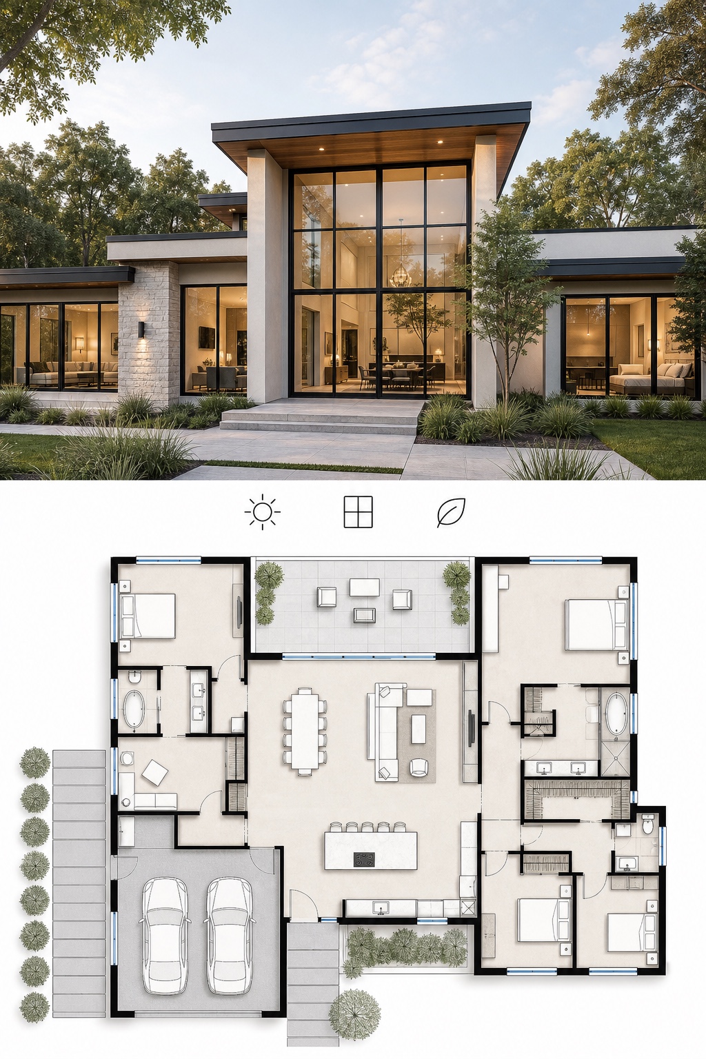 Floor-to-ceiling window modern house render and floor plan Modern house render with floor-to-ceiling windows and matching floor plan | Sky Rye Design Modern house render with floor-to-ceiling windows and matching floor plan