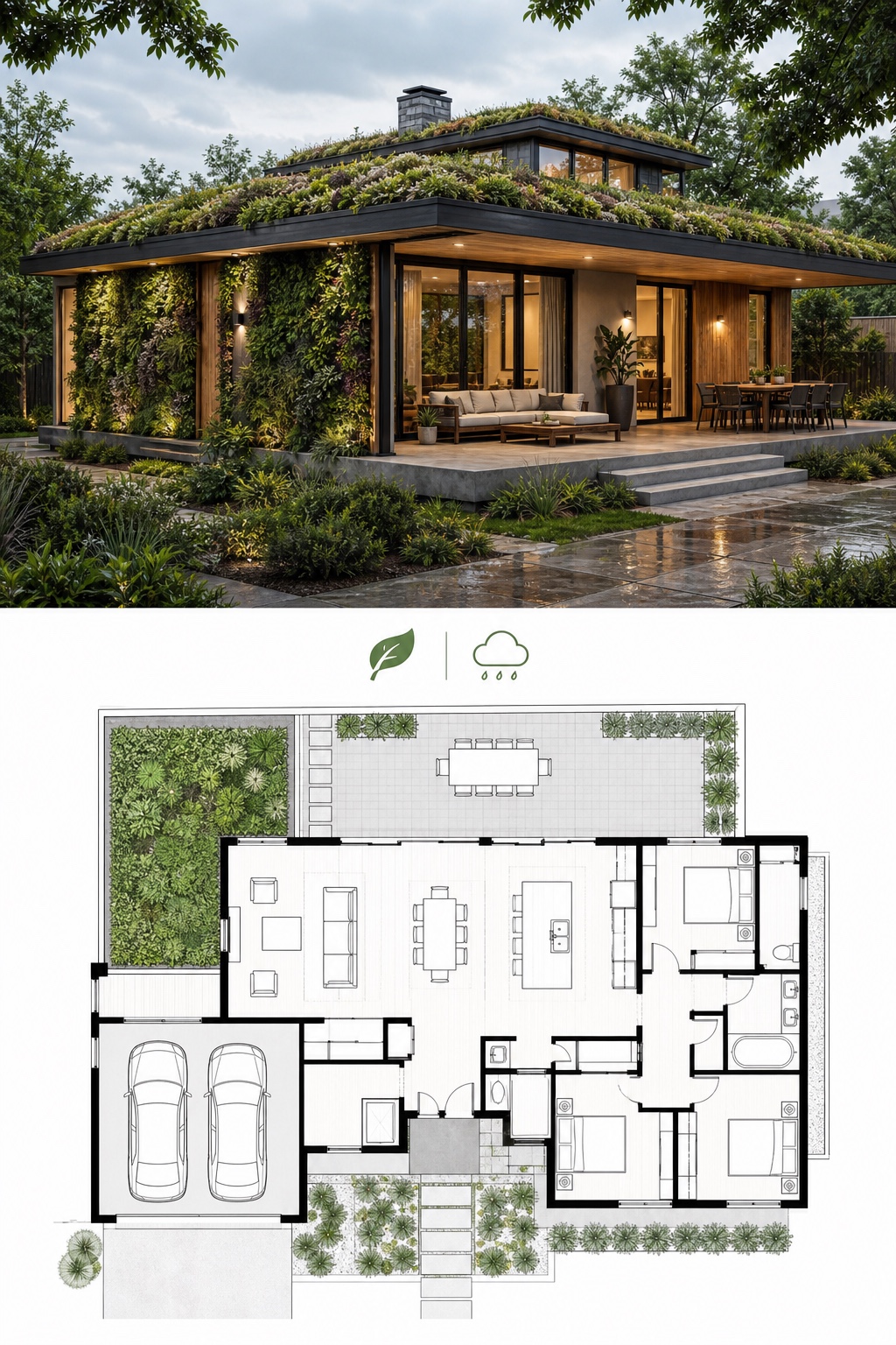 Green roof and living wall render and floor plan Modern house render with green roof, living wall, and matching floor plan | Sky Rye Design Modern house render with green roof, living wall, and matching floor plan