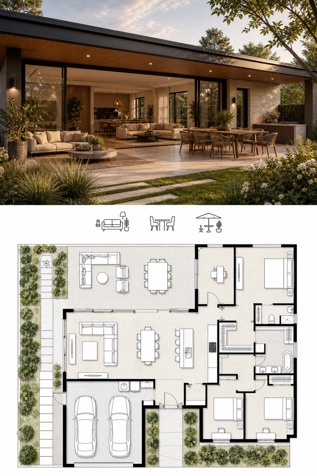 Indoor-outdoor modern home render and floor plan Indoor-outdoor modern living render with patio and matching floor plan | Sky Rye Design Indoor-outdoor modern living render with patio and matching floor plan