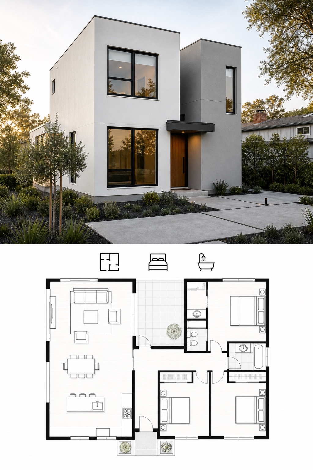 Minimalist cube modern house render and floor plan Minimalist cube modern house render with matching floor plan layout | Sky Rye Design Minimalist cube modern house render with matching floor plan layout