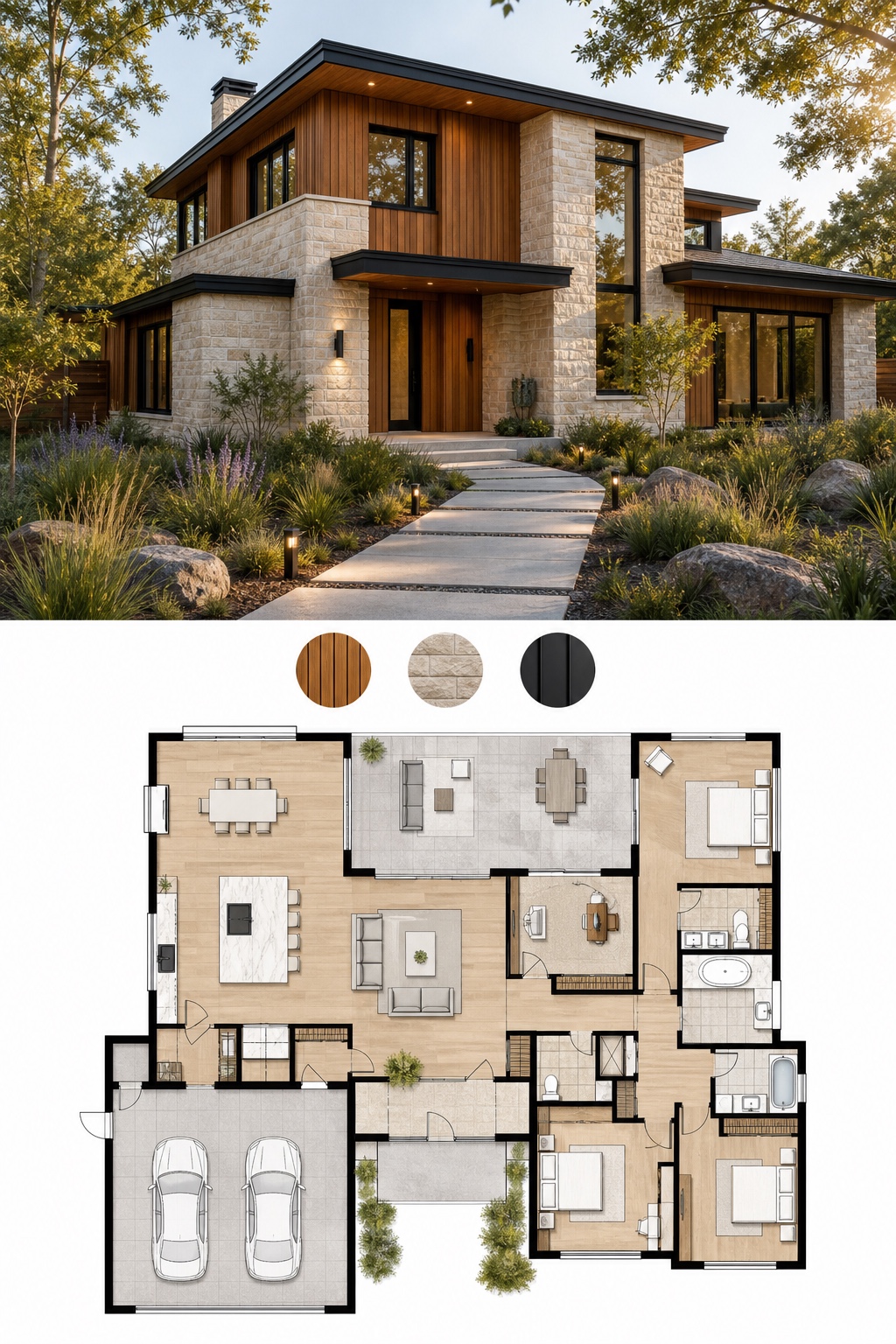Natural wood and stone modern house render and floor plan Modern house render with wood and stone materials plus floor plan | Sky Rye Design Modern house render with wood and stone materials plus floor plan