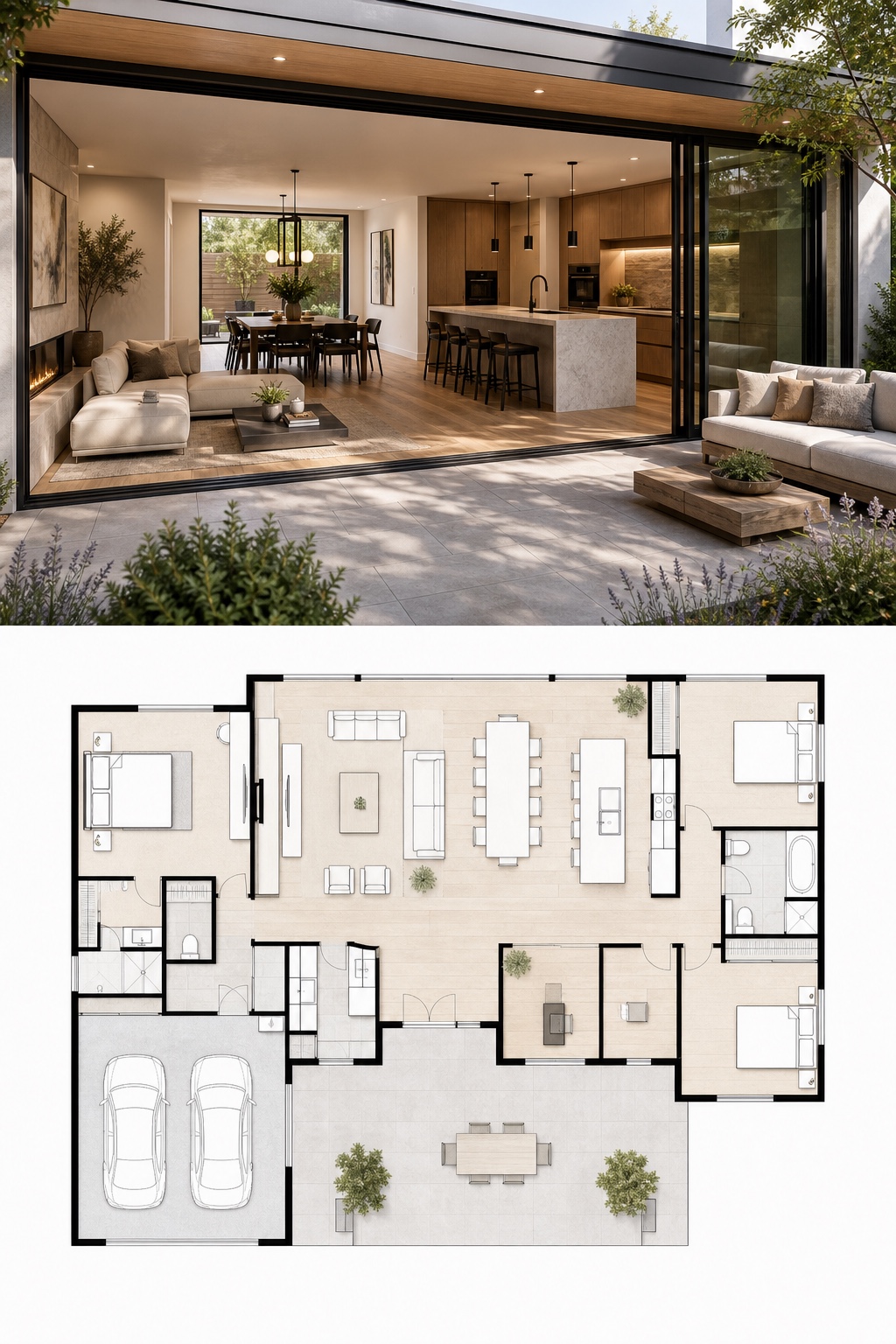 Open floor plan modern home render and floor plan Open floor plan modern home render with matching floor plan layout | Sky Rye Design Open floor plan modern home render with matching floor plan layout