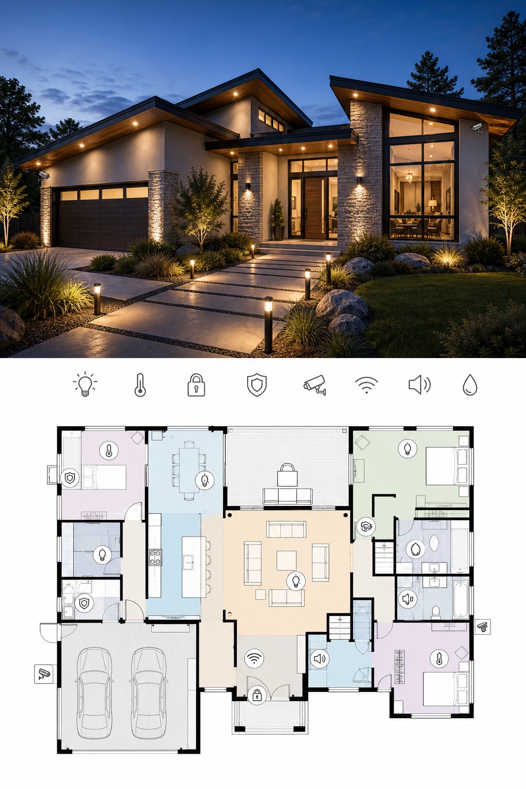 Smart modern house render and floor plan Smart modern house render with integrated lighting and floor plan | Sky Rye Design Smart modern house render with integrated lighting and floor plan