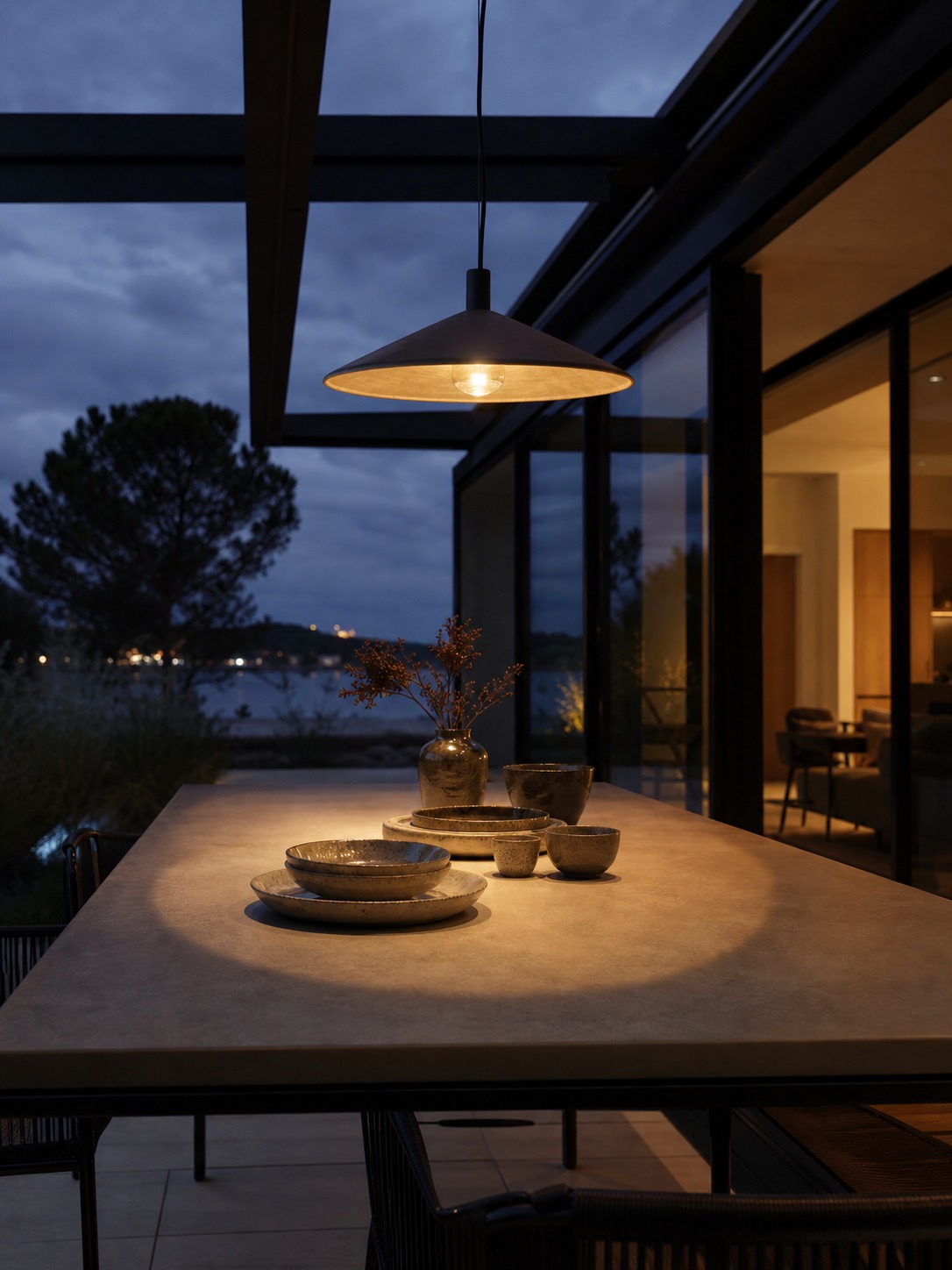 Modern outdoor dining zone with concrete table Minimalist outdoor dining area with a concrete table, ceramic dinnerware, and a warm pendant light | Sky Rye Design Minimalist outdoor dining area with a concrete table, ceramic dinnerware, and a warm pendant light