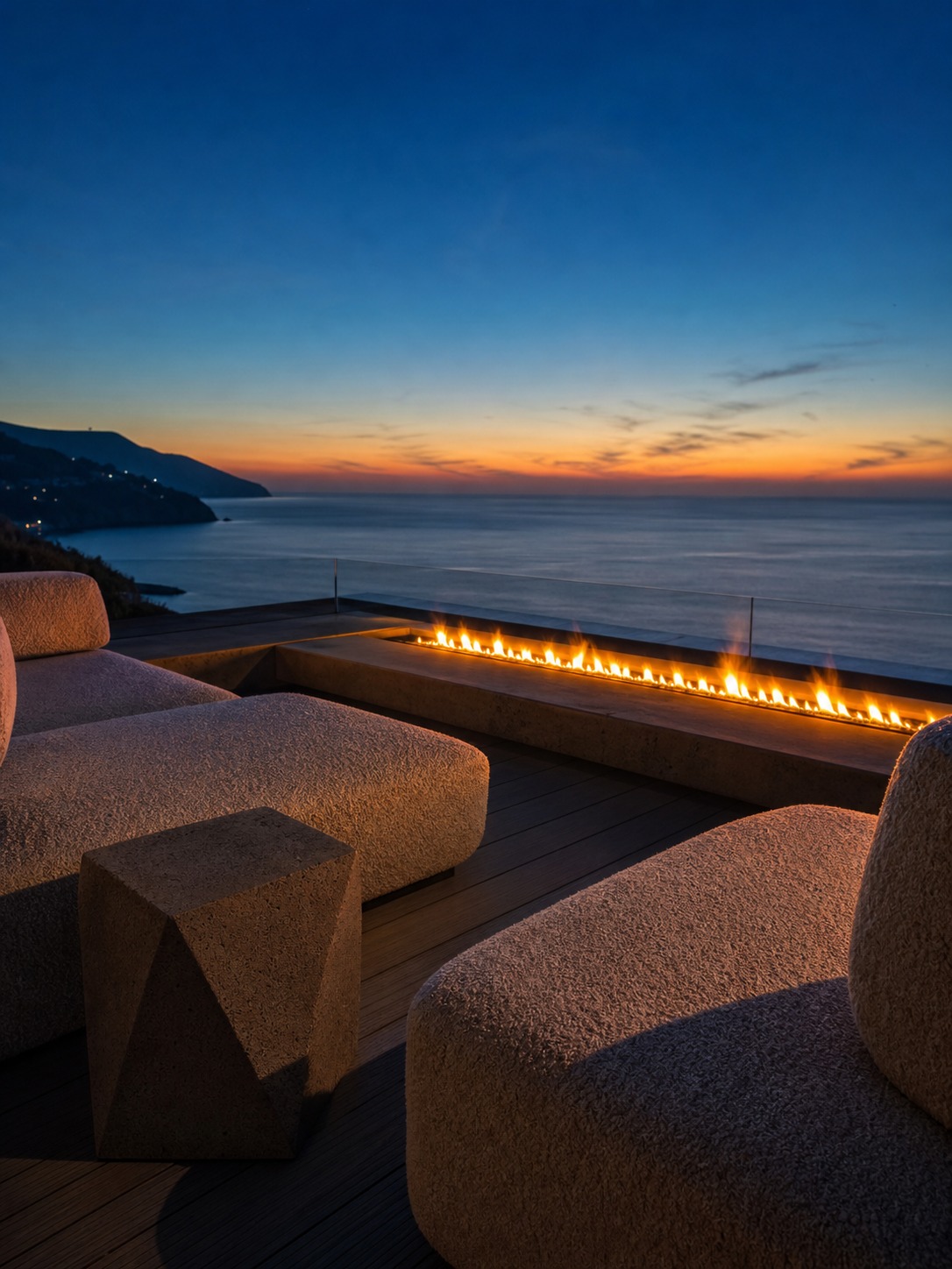 Modern outdoor lounge zone with fire feature Modern outdoor lounge area with a low sculptural sectional around a sunken linear fire feature | Sky Rye Design Modern outdoor lounge area with a low sculptural sectional around a sunken linear fire feature