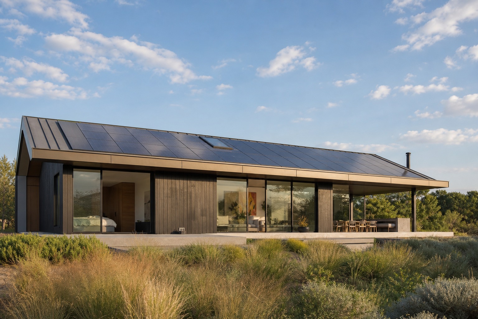 Roofline and solar integration Modern single-story home with a sloped roof covered in solar panels, glass walls, and an outdoor dining area. | Sky Rye Design Modern custom home roofline with a low-profile solar array integrated into a simple roof plane.