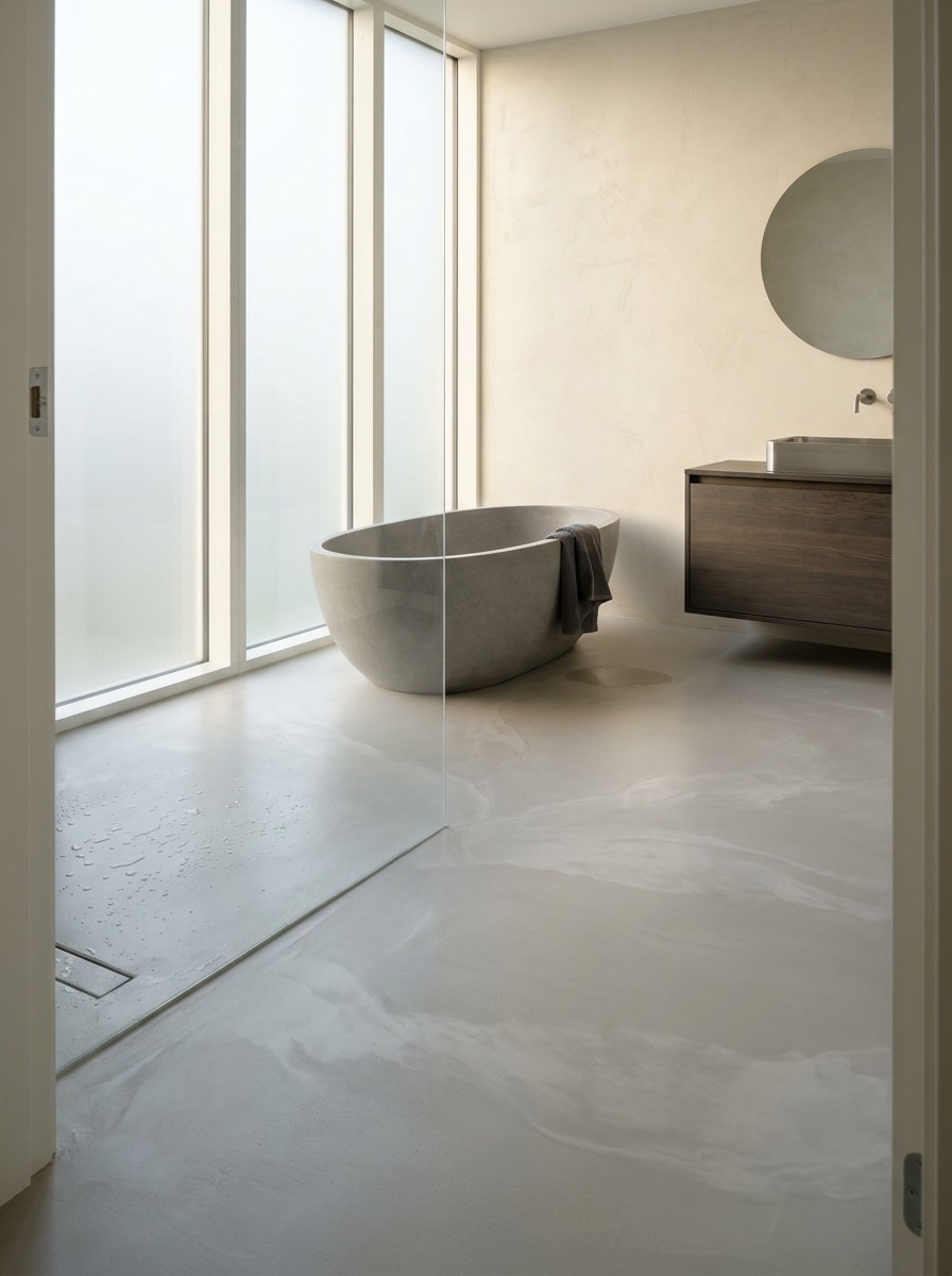 Monolithic Spa Bathroom Soft Grey Epoxy Floor Serene spa bathroom with a seamless soft-grey epoxy floor featuring diffuse white mineral veining and stone tub. | Sky Rye Design Serene spa bathroom with a seamless soft-grey epoxy floor featuring diffuse white mineral veining and stone tub.
