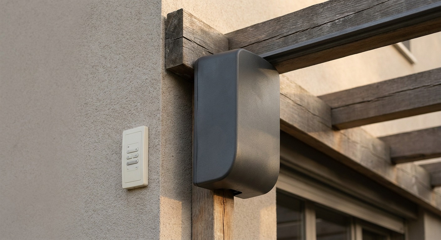Electric actuator mounted at a pergola frame with a wall-mounted control panel nearby
