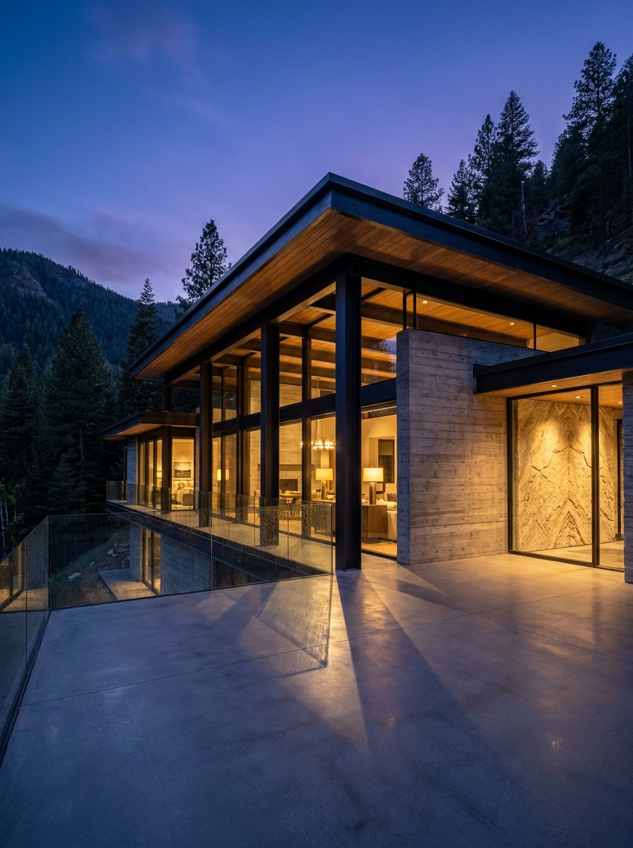Minimalist Mountain Modern Residence Architectural Design Architectural editorial photograph of a minimalist mountain modern residence at dusk with floor-to-ceiling glass and cantilevered roof. | Sky Rye Design Architectural editorial photograph of a minimalist mountain modern residence at dusk with floor-to-ceiling glass and cantilevered roof.