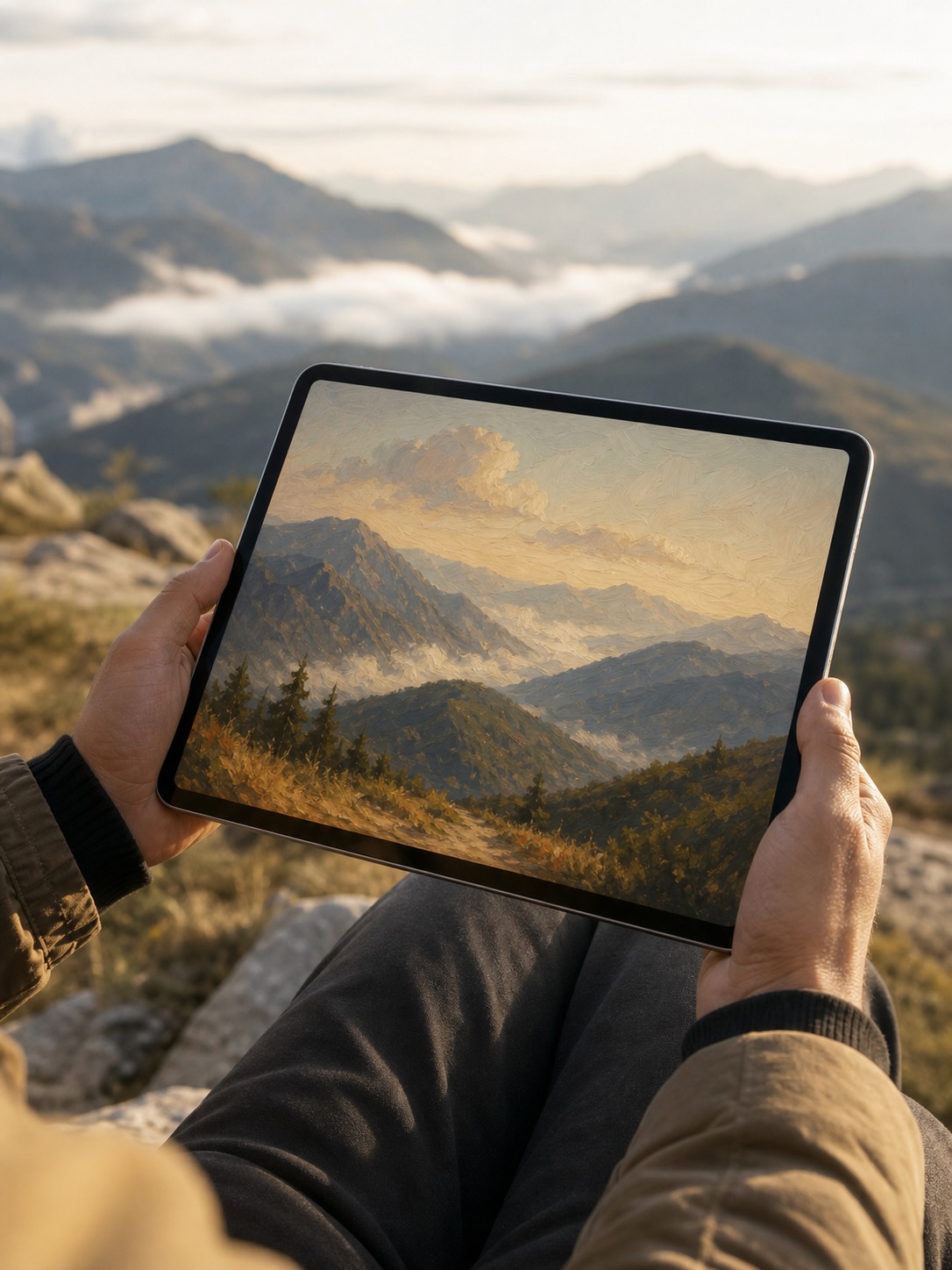 A hazy mountain landscape photo shown as a soft oil painting conversion on a tablet.