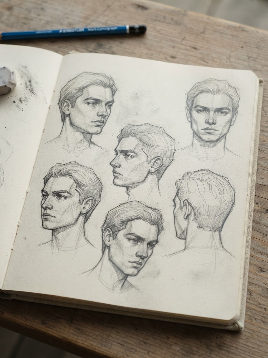 Multi-angle Loomis head studies sketchbook Open sketchbook page filled with graphite Loomis head studies from front, three-quarter, and profile views. | Sky Rye Design Open sketchbook page filled with graphite Loomis head studies from front, three-quarter, and profile views.