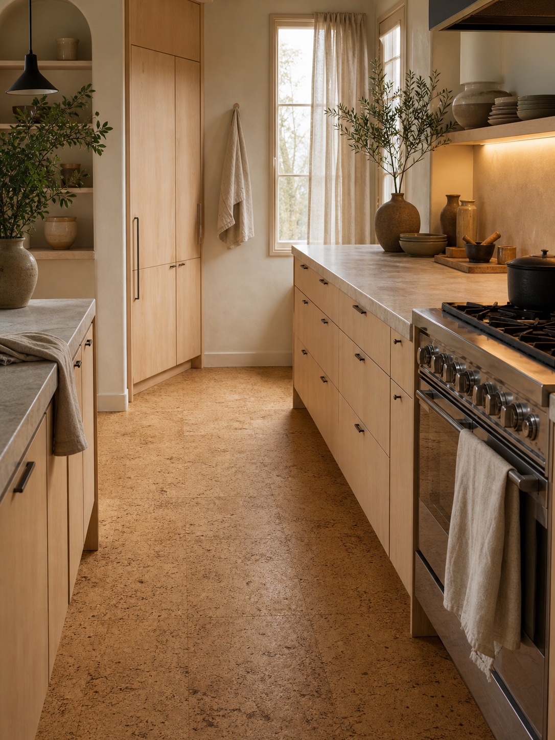 Cozy modern kitchen with honey brown cork flooring, pale birch cabinetry, and handmade pottery.