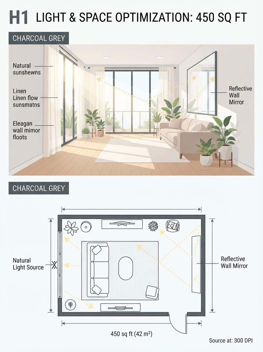 Natural Light and Mirror Placement Optimization Infographic Two-panel infographic: Bright living room with big window reflecting light off a wall mirror; bottom panel is a 2D floor plan of 450 sq ft space. | Sky Rye Design Two-panel infographic: Bright living room with big window reflecting light off a wall mirror; bottom panel is a 2D floor plan of 450 sq ft space.