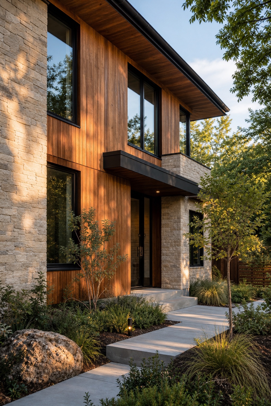 Natural wood and stone modern house exterior Modern house exterior with warm wood cladding, pale stone walls, and black-framed windows | Sky Rye Design Modern house exterior with warm wood cladding, pale stone walls, and black-framed windows