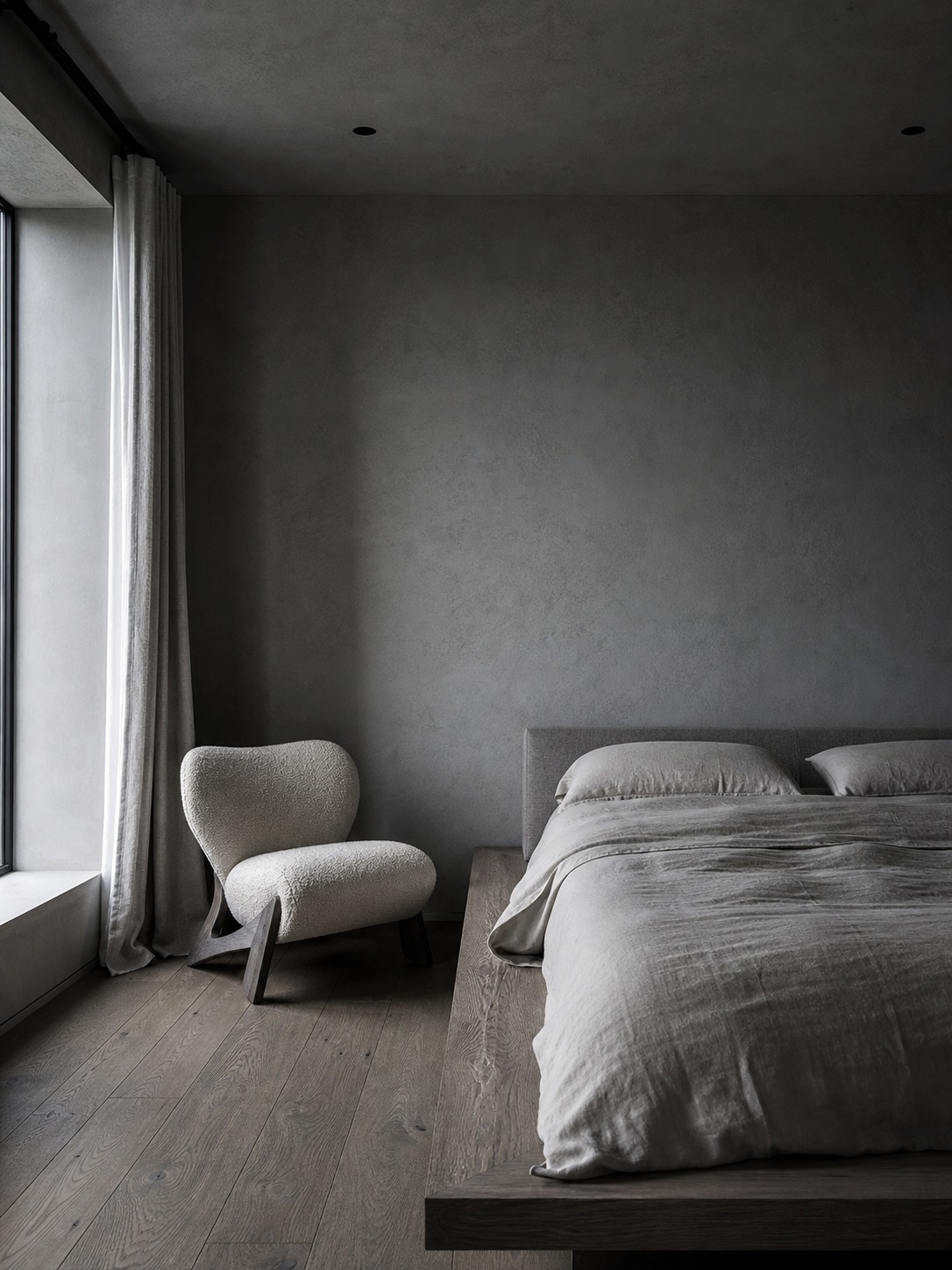 North-facing cool retreat bedroom North-facing bedroom designed as a cool retreat with pale linen bedding and indirect light. | Sky Rye Design North-facing bedroom designed as a cool retreat with pale linen bedding and indirect light.