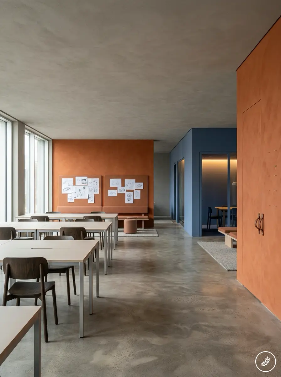 Office_organized_by_color_zoning_202608010040 Modern minimalist coworking space with floor-to-ceiling windows, concrete floor, white desks and orange accent wall | Sky Rye Design Modern minimalist coworking space with floor-to-ceiling windows, concrete floor, white desks and orange accent wall
