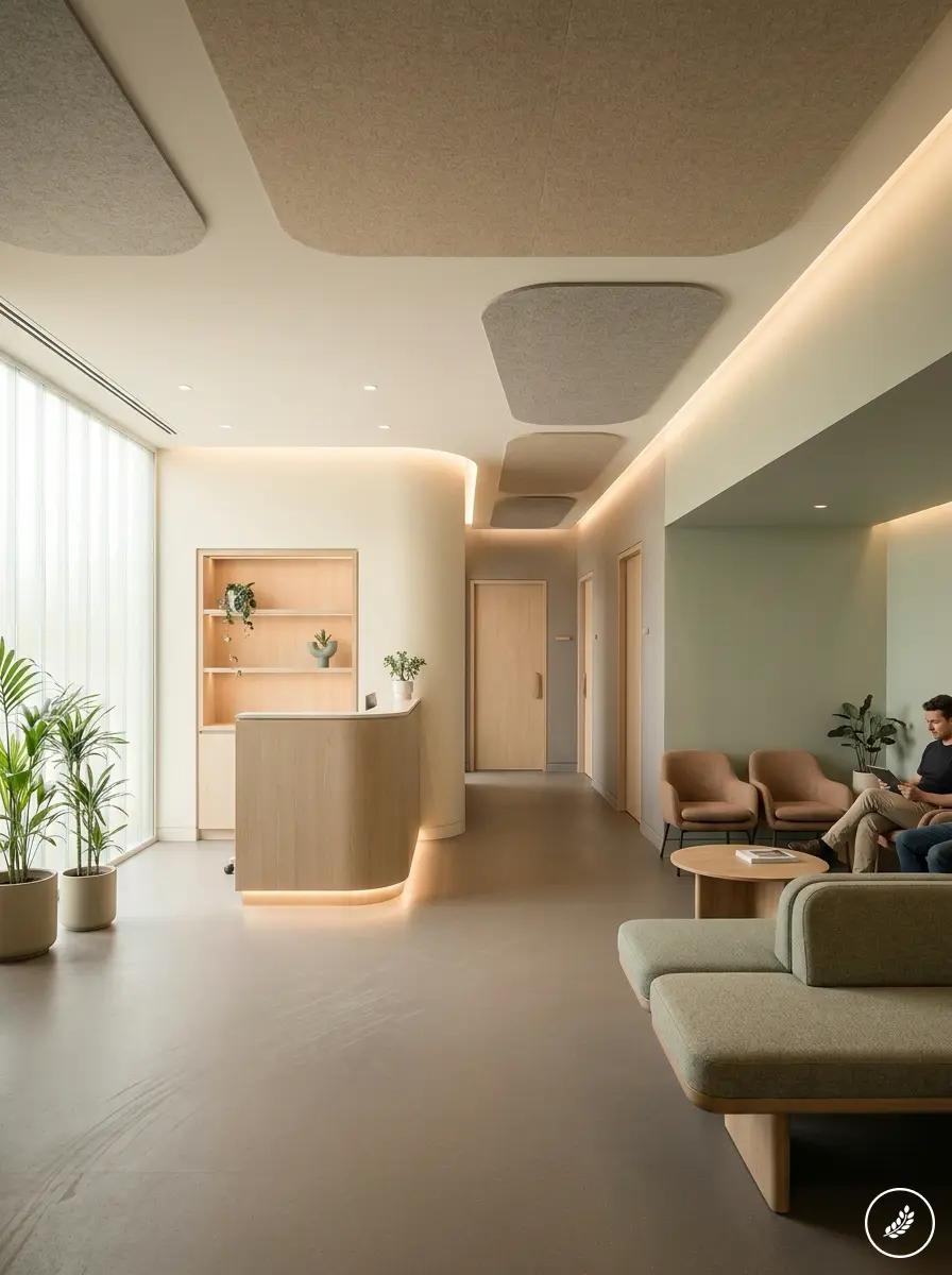 Healthcare_office_interior_photo_202608010041 Minimalist modern reception lounge with curved wooden desk, neutral seating, indoor plants and soft ambient lighting | Sky Rye Design Minimalist modern reception lounge with curved wooden desk, neutral seating, indoor plants and soft ambient lighting